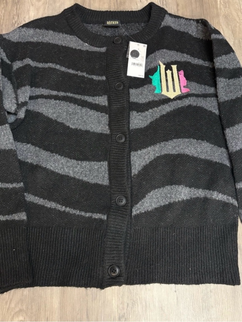 Black & Gray Striped Button-Up Cardigan with Color Accent Patch